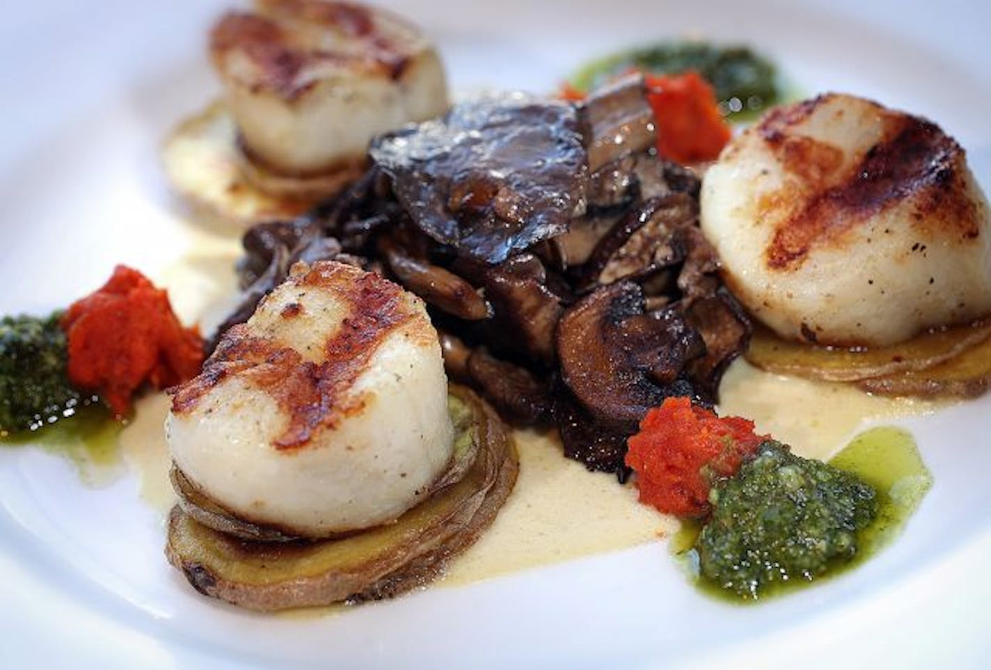 Grilled jumbo scallops with roasted mushrooms, truffle cream and two pestos.