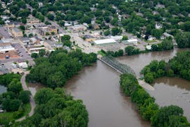 The flooded Minnesota River has come up to the bottom of the Hwy. 99 bridge in St. Peter on Tuesday.