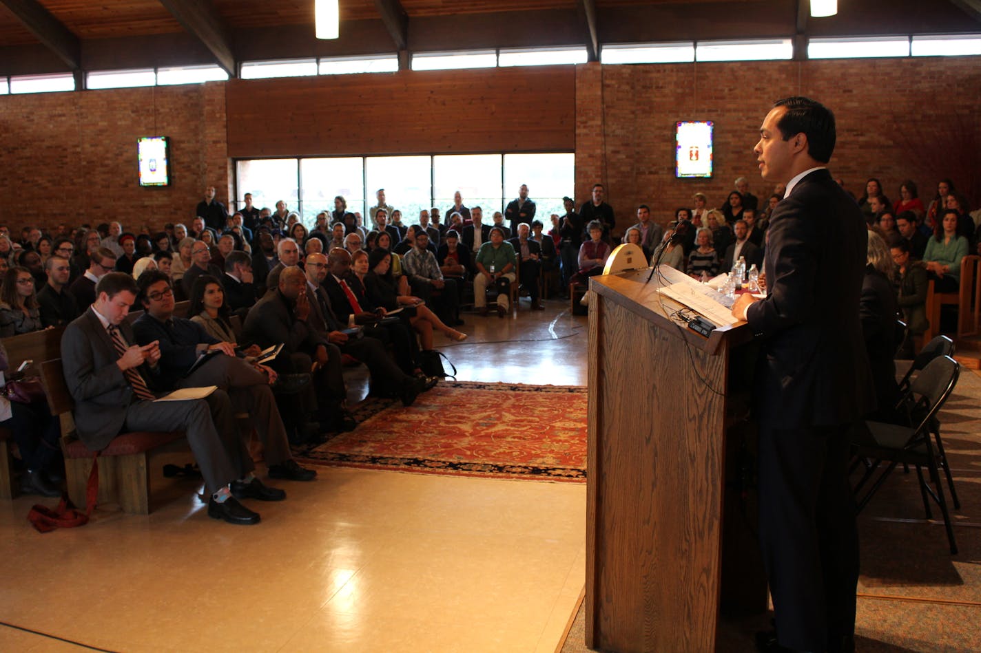 A standing-room-only crowd packed into the Mayflower Church in south Minneapolis Friday morning to discuss affordable housing in the Twin Cities, with featured guest HUD Secretary Julian Castro.