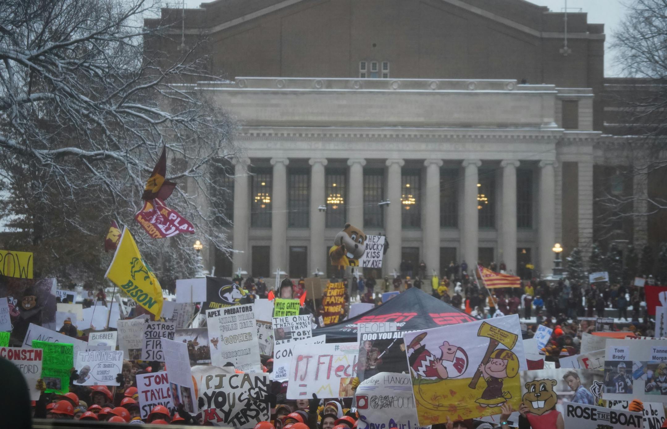 ESPN's College GameDay broadcast from the University of Minnesota campus as the Gophers try to defend Paul Bunyon's Axe from the Wisconsin Badgers, Saturday, Nov. 30, 2019. ] Shari L. Gross • shari.gross@startribune.com We spend Saturday -- before, during and after the contest for Paul Bunyan's Axe -- chronicling the sights, sounds and emotions of Gophers fans as their favorite rodents take on the hated Badgers of Wisconsin. Whether this game signals the end of a decades-long wait for Rose Bowl