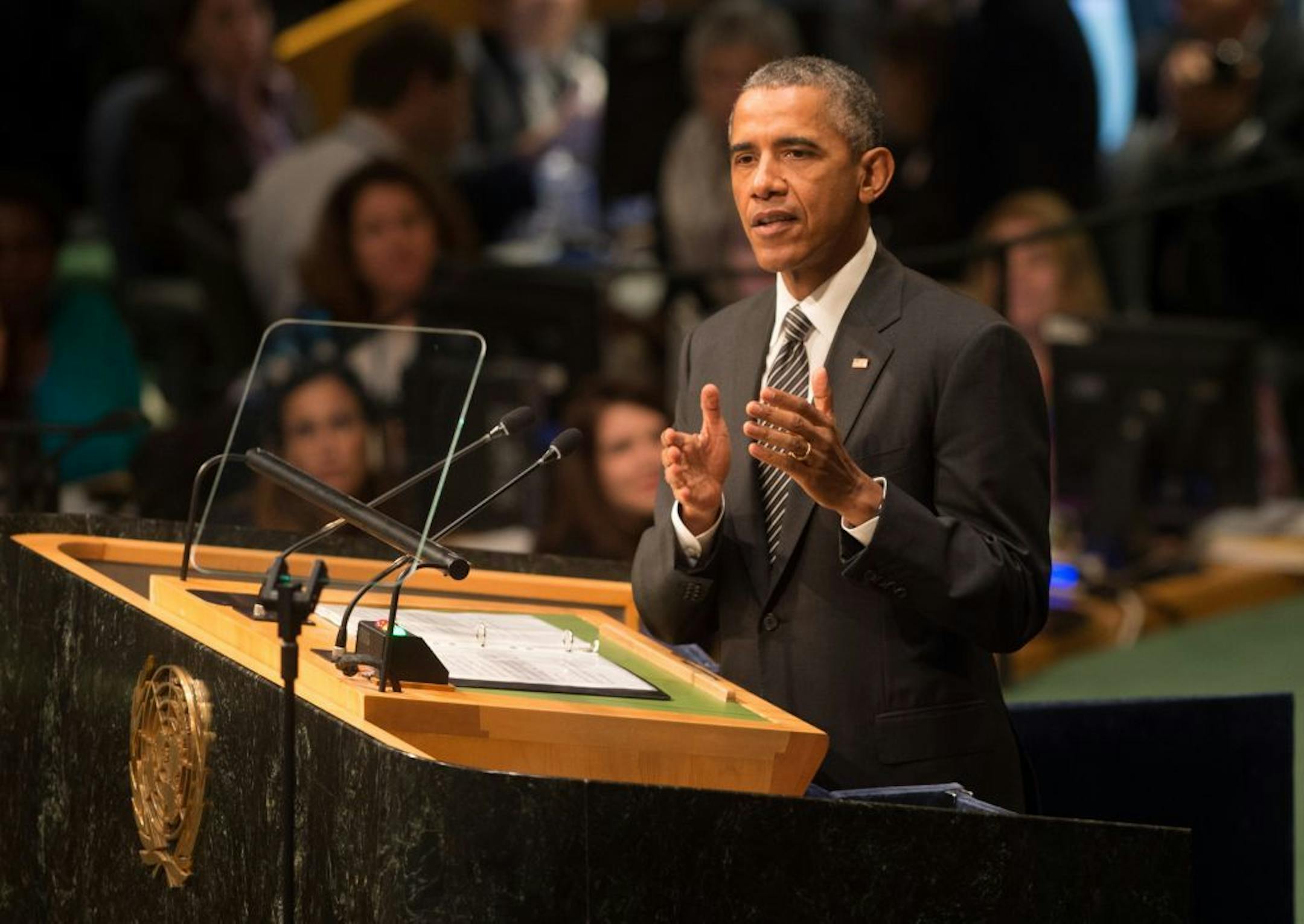 President Barack Obama addresses the 2015 Sustainable Development Summit, Sunday, Sept. 27, 2015, at United Nations headquarters. The global meeting is focused on fixing some of the world's greatest problems through a 15-year road map.