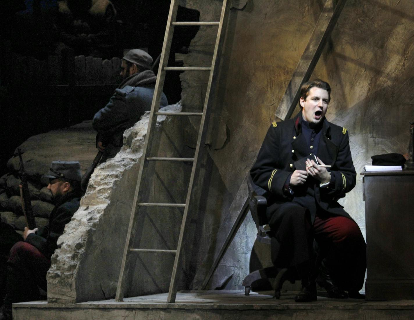 Lian Bonner in the french bunker on stage. The Minnesota Opera. is staging a the world premiere of the Opera , Silent Night, at the Ordway in St. Paul, MN. The first day on the set for tech week by a cast of 75 plus 75 in the pit. [ TOM WALLACE &#x201a;&#xc4;&#xa2; twallace@startribune.com _ Assignment _#20020470A__November 5, 2011_ SLUG: class1111_ EXTRA INFORMATION: CQ&#x201a;&#xc4;&#xf4;ed by hand-out.