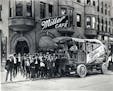 One of Miller's new delivery trucks outside the Miller Cafe at Water and Mason Streets in Milwaukee (ca. 1905). From "The Drink That Made Wisconsin Fa