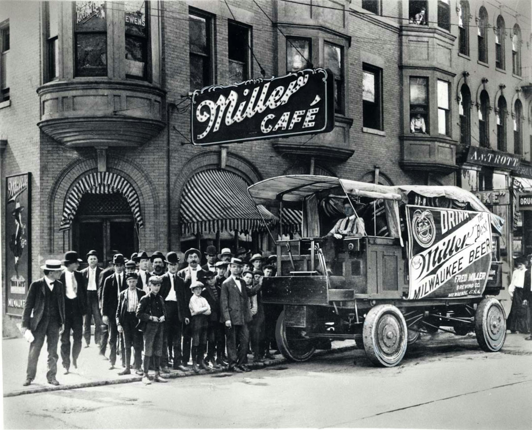One of Miller's new delivery trucks outside the Miller Cafe at Water and Mason Streets in Milwaukee (ca. 1905). From "The Drink That Made Wisconsin Famous."