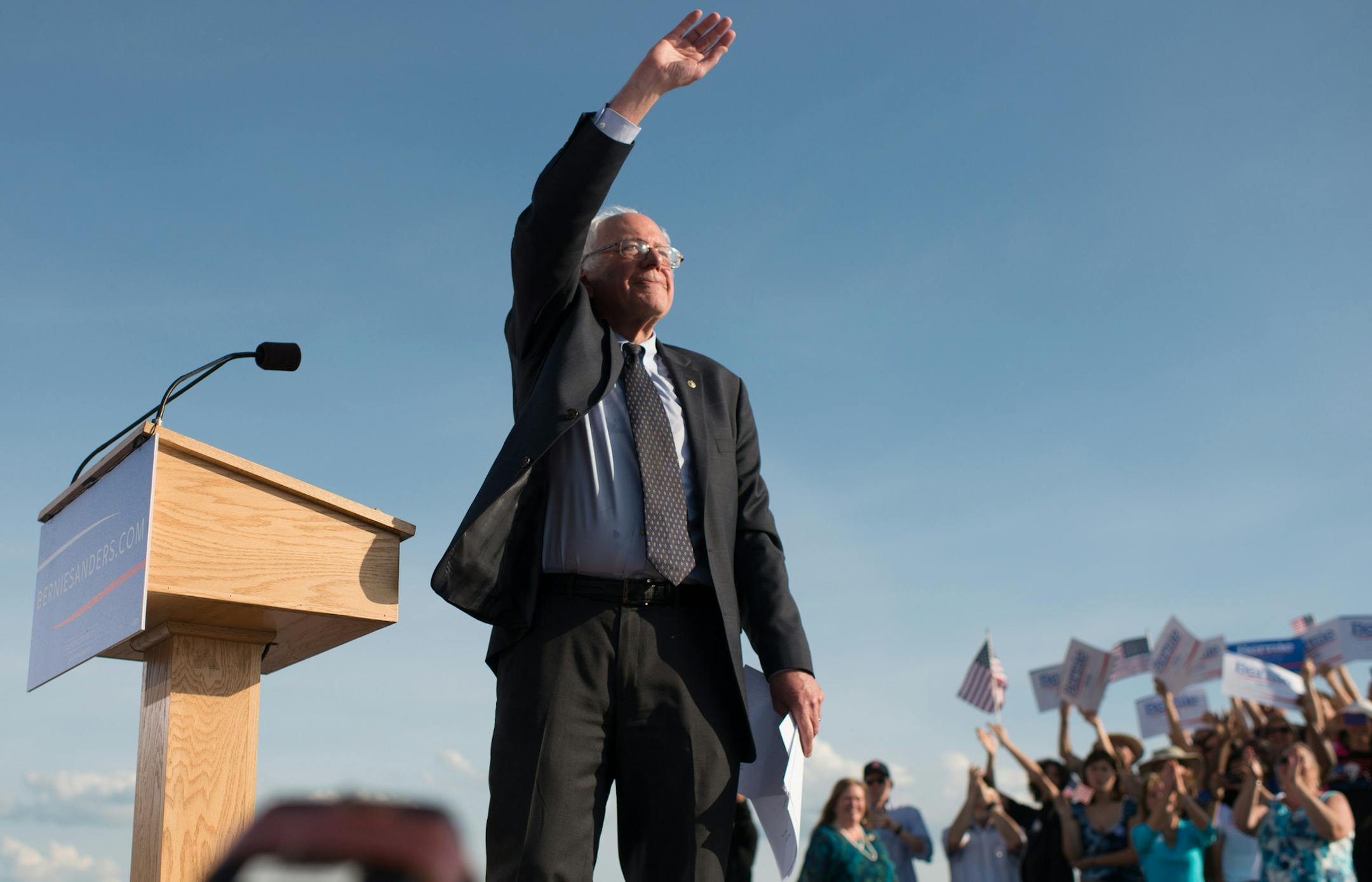 Sen. Bernie Sanders, I-Vt., waves to the crowd on Tuesday, May 26, 2015 in Burlington, Vt., after formally announcing he will seek the Democratic nomination for president. (AP Photo/Andy Duback)