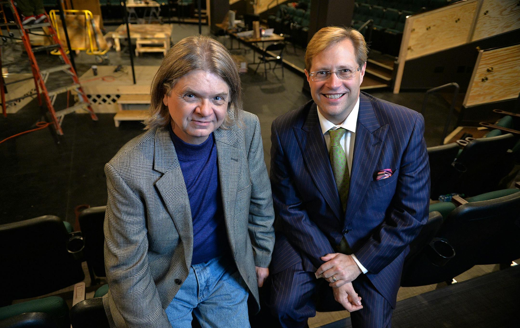 Park Square Theatre's artistic director, Richard Cook (left), and executive director, Michael-jon Pease, inside the nearly completed Andy Boss Thrust Stage. ] (SPECIAL TO THE STAR TRIBUNE/BRE McGEE) **Richard Cook (Park Square Theatre artistic director, left), Michael-jon Pease (Park Square Theatre executive director, right)