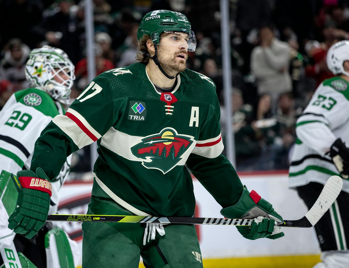 Marcus Foligno (17) of the Minnesota Wild iduring Round 1, Game 4 of the NHL playoffs Sunday, April 23, 2023, at Xcel Energy Center in St. Paul, Minn. ] CARLOS GONZALEZ • carlos.gonzalez@startribune.com.