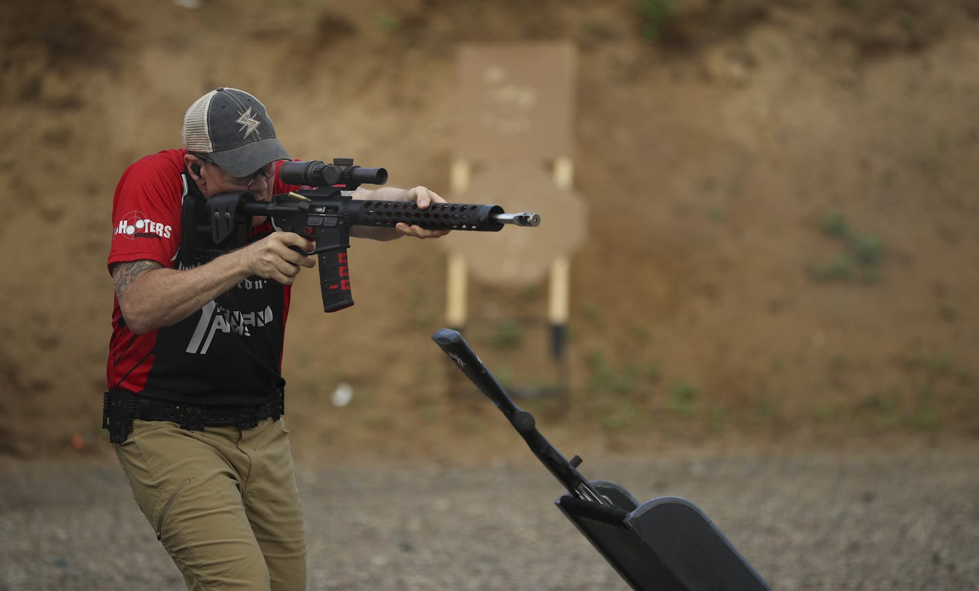 Mark Stevens fired his AR-15 at targets during 3 gun league shooting at the Forest Lake Sportsmen's Club Wednesday night. ] JEFF WHEELER &#x2022; jeff.wheeler@startribune.com The Forest Lake Sportsmen's Club runs a league for a relatively new discipline of competitive shooting known as 3 gun. Participants solve a variety of target problems with either a pistol, shotgun, or rifle. The league competition was Wednesday night, June 15, 2016 in Forest Lake.