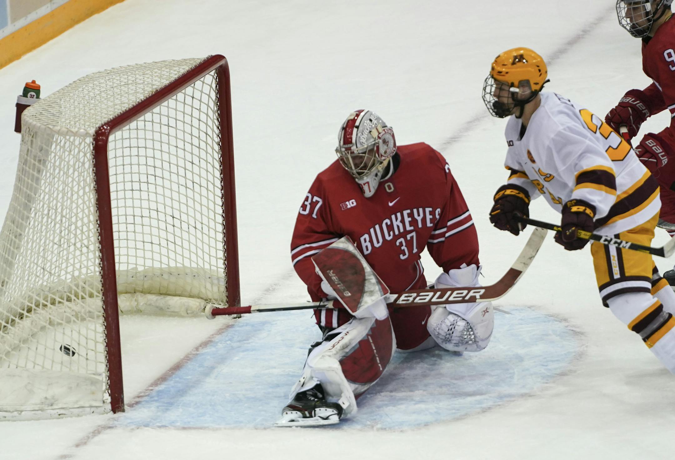 Mike Koster watched a shot beat Ohio State goalie Tommy Nappier in the second period. The goal was awarded to Bryce Brodzinski, with Koster assisting.