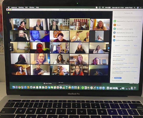 People gather on Zoom, a video conferencing app. Companies and friend groups across the U.S. are video chatting to keep spirits high. (Jamie Lee Finch