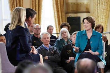 Democratic presidential candidate Sen. Amy Klobuchar, D-Minn., speaks to Fox News co-anchors Bret Baier and Martha MacCallum during a Fox News Channel