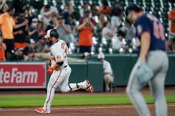 Baltimore Orioles' DJ Stewart, left, runs the bases after hitting a two-run home run against Minnesota Twins starting pitcher Randy Dobnak, right, dur