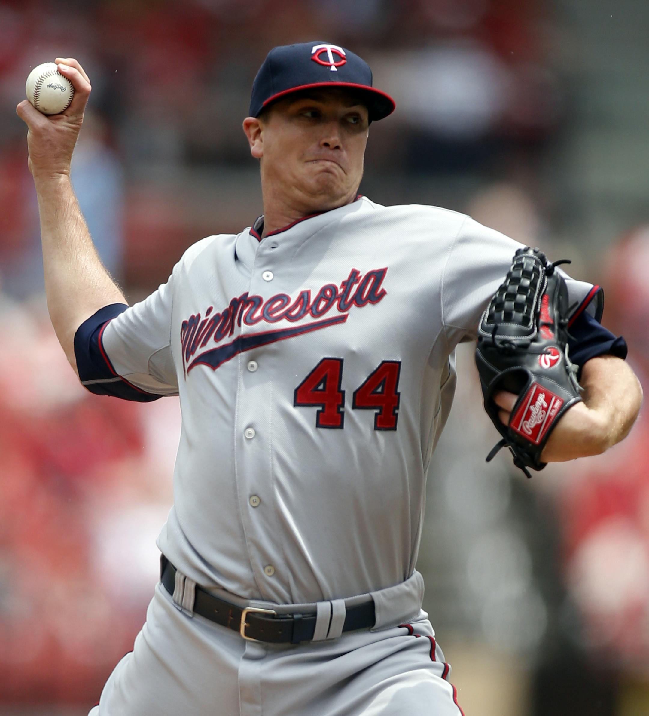 Minnesota Twins starting pitcher Kyle Gibson throws during the first inning of a baseball game against the St. Louis Cardinals Tuesday, June 16, 2015, in St. Louis. (AP Photo/Scott Kane)