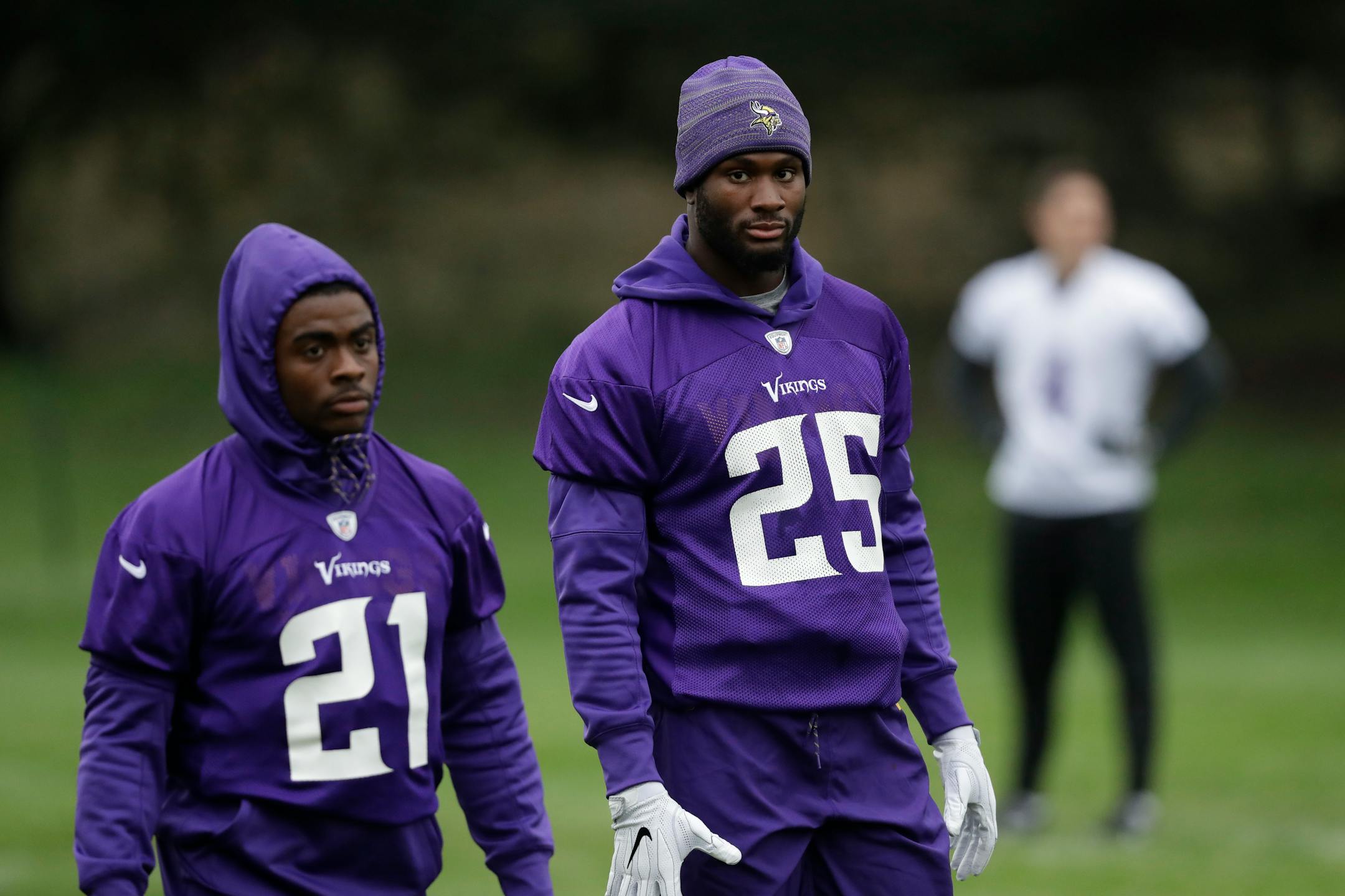 Minnesota Vikings running backs Latavius Murray, 25, and Jerick McKinnon take part in an NFL walkthrough practice session at Syon House in Syon Park, south west London, Thursday, Oct. 26, 2017. The Minnesota Vikings are preparing for an NFL regular season game against the Cleveland Browns in London on Sunday. (AP Photo/Matt Dunham)