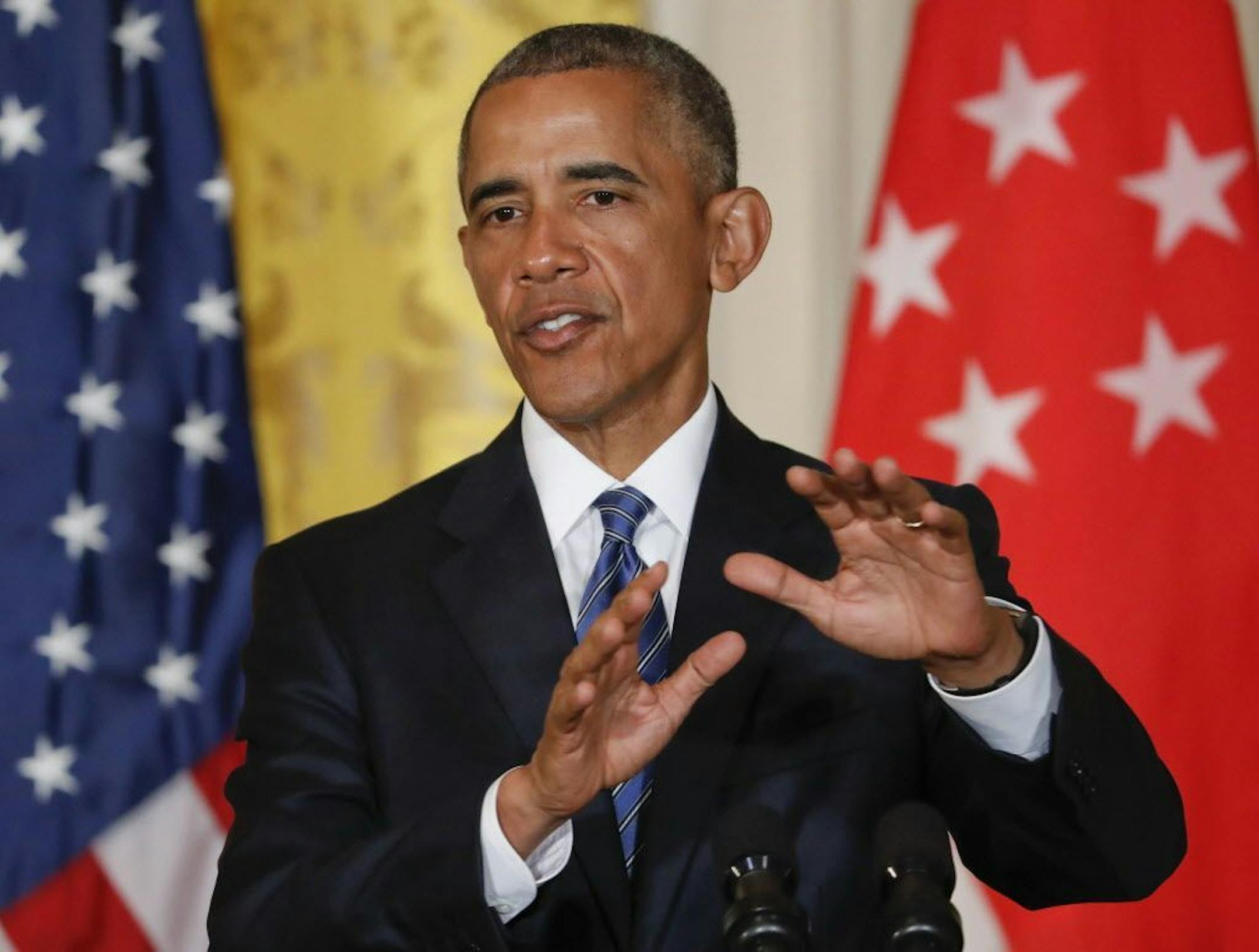 President Barack Obama spoke about the presidential election during a joint news conference with Singapore's Prime Minister Lee Hsien Loong in the East Room of the White House in Washington, Tuesday, Aug. 2, 2016.