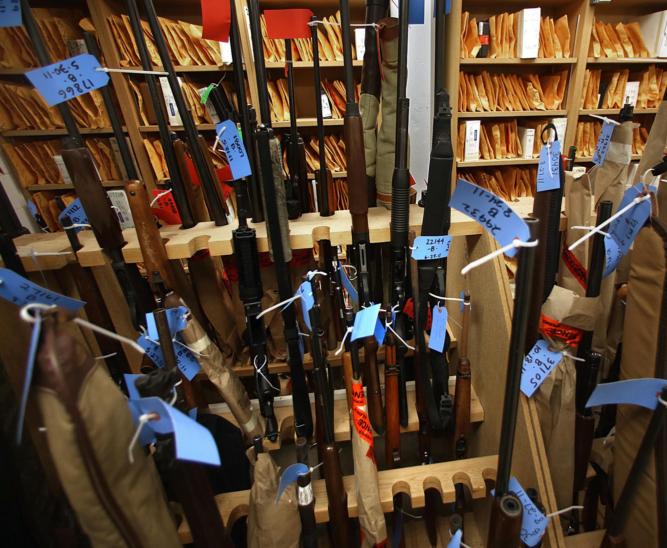 Guns of all types, including rifles, shotguns and handguns, that have been ceased by Minneapolis Police because they are related to an incident, are kept at a highly secure, undisclosed location in an evidence room. The room is under the supervision of the Property and Evidence Unit. Anyone entering the room, police or civilian, is escorted at all times. Handguns are kept in envelopes or boxes with accompanying information. ] JIM GEHRZ¥jgehrz@startribune.com (JIM GEHRZ/STAR TRIBUNE) / Febru