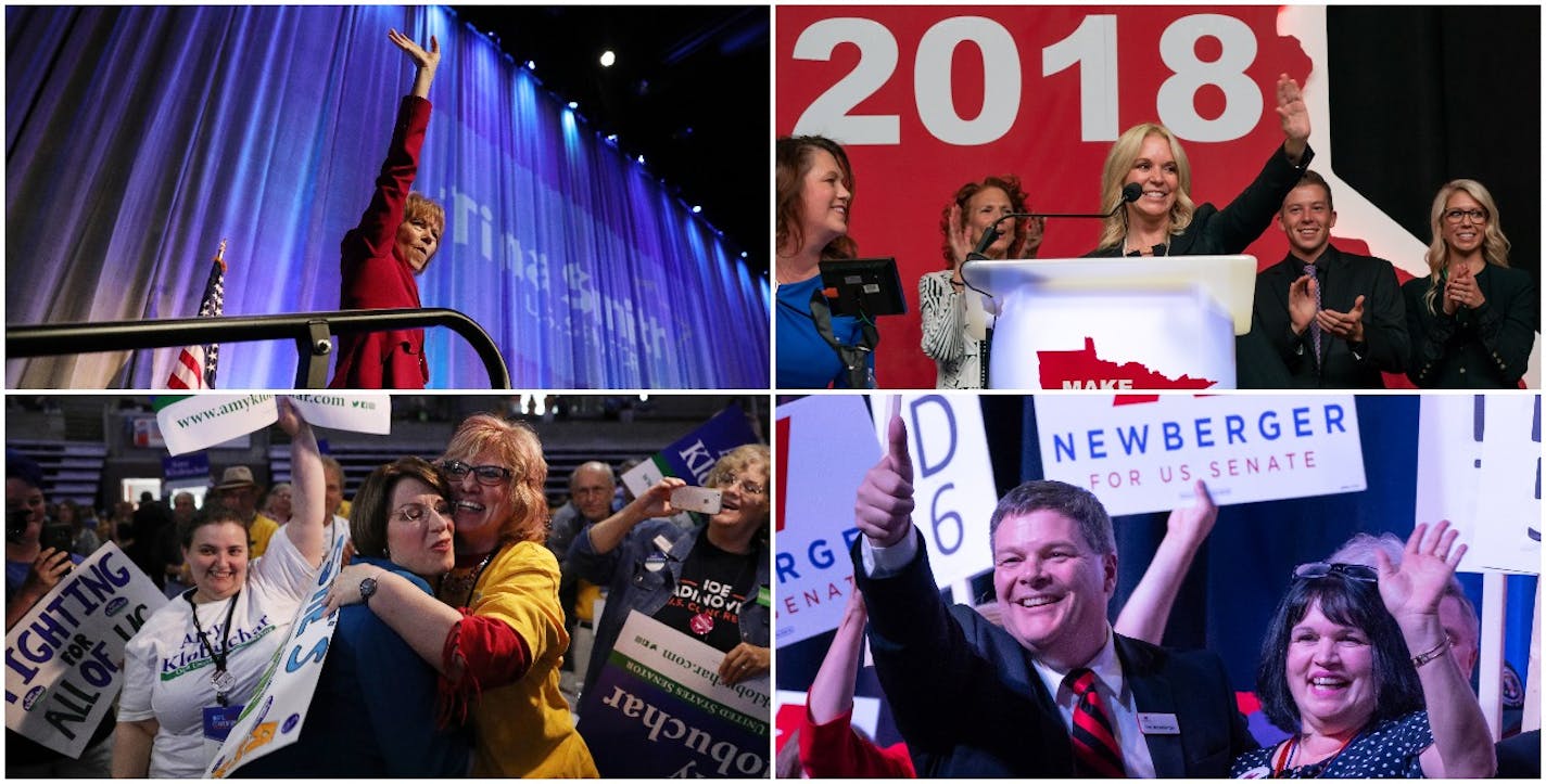 U.S. Sen. Tina Smith, top left, is expected to be challenged by GOP Sen. Karin Housley, top right, in November, while U.S. Sen. Amy Klobuchar, bottom left, expects to face GOP Rep. Jim Newberger, bottom right with his wife, Michele.