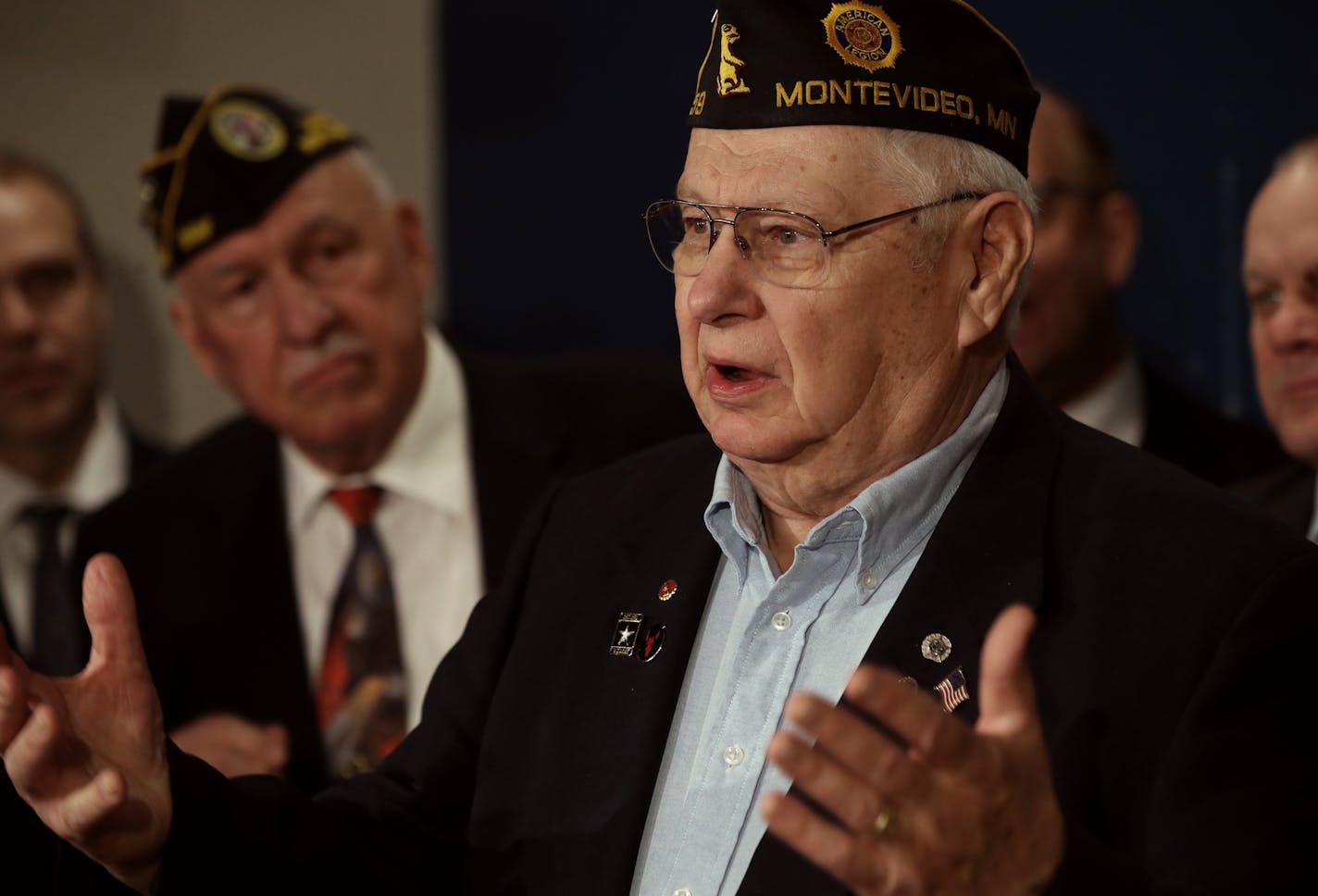 Veteran Marvin Garbe of Montevideo, spoke during a press conference at the capitol to discuss a plan to fund the construction of three veterans homes in Bemidji, Montevideo, and Preston, Minnesota using excess funds from the Vikings Stadium Reserve April 18, 2018 in St. Paul, MN. JERRY HOLT &#xef; jerry.holt@startribune.com