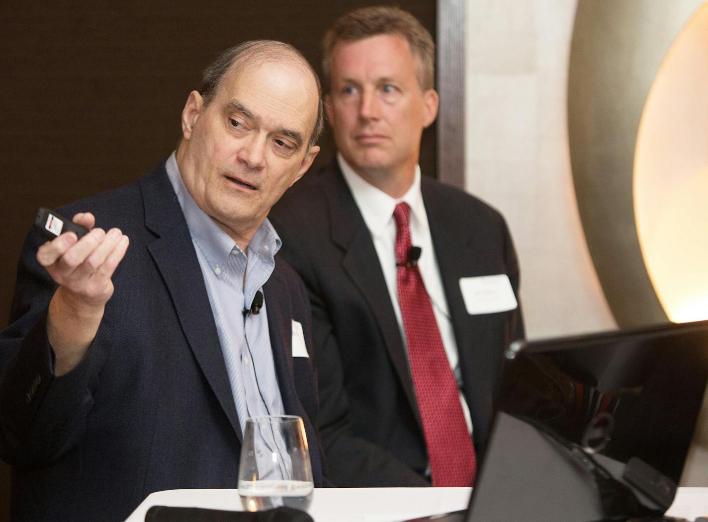 **COMMERCIAL IMAGE** In this photo taken by Feature Photo Service for Contrast Security: NSA whistleblower, William Binney, left, featured in CITIZENFOUR, and Jeff Williams, Co-Founder & CTO of Contrast Security, discuss international and domestic surveillance at a private NYC luncheon hosted by the Palo Alto based application security firm. (John O'Boyle/Feature Photo Service for Contrast Security) ORG XMIT: MIN2015060418412262