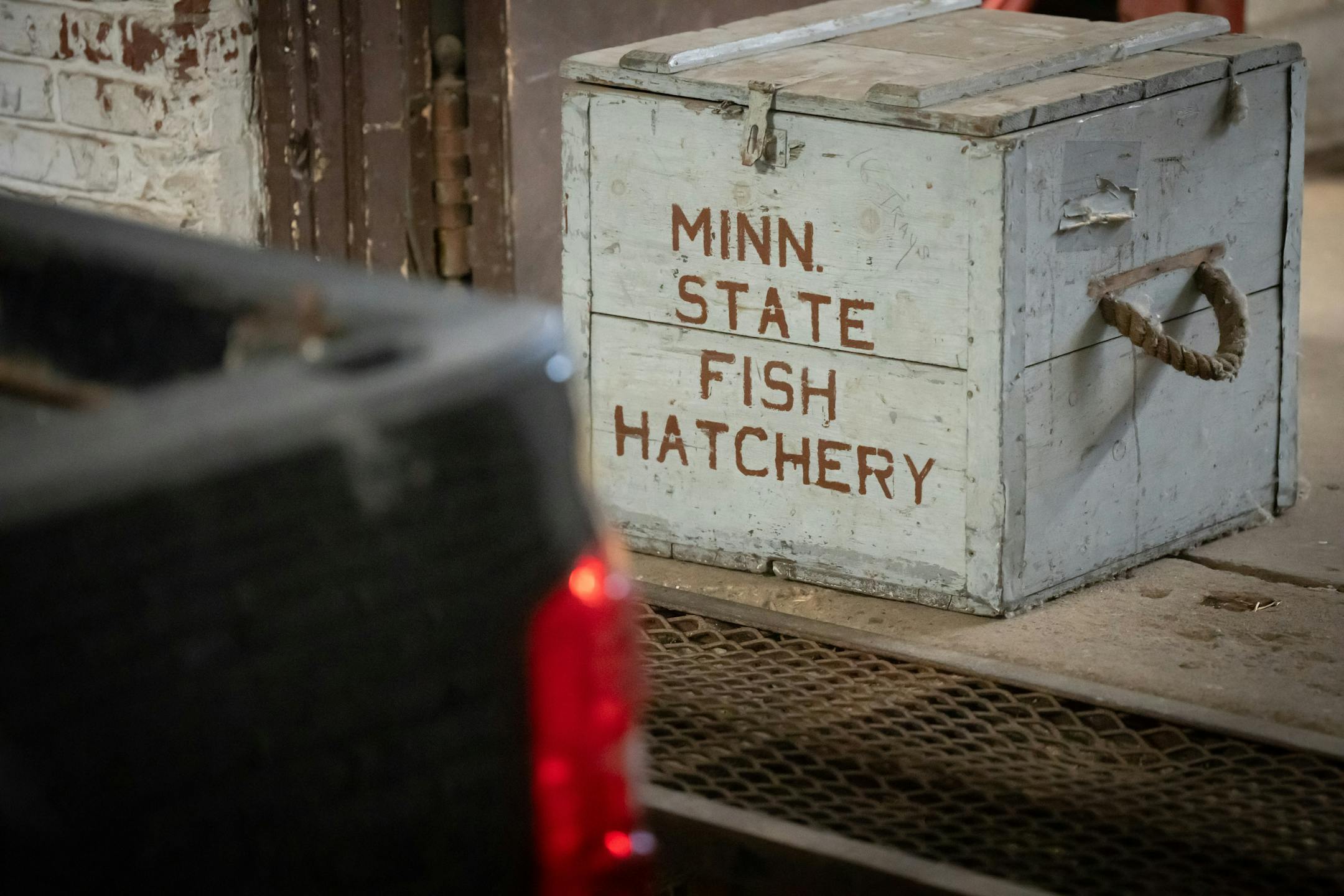 A wooden transport box at the St. Paul State Fish Hatchery.