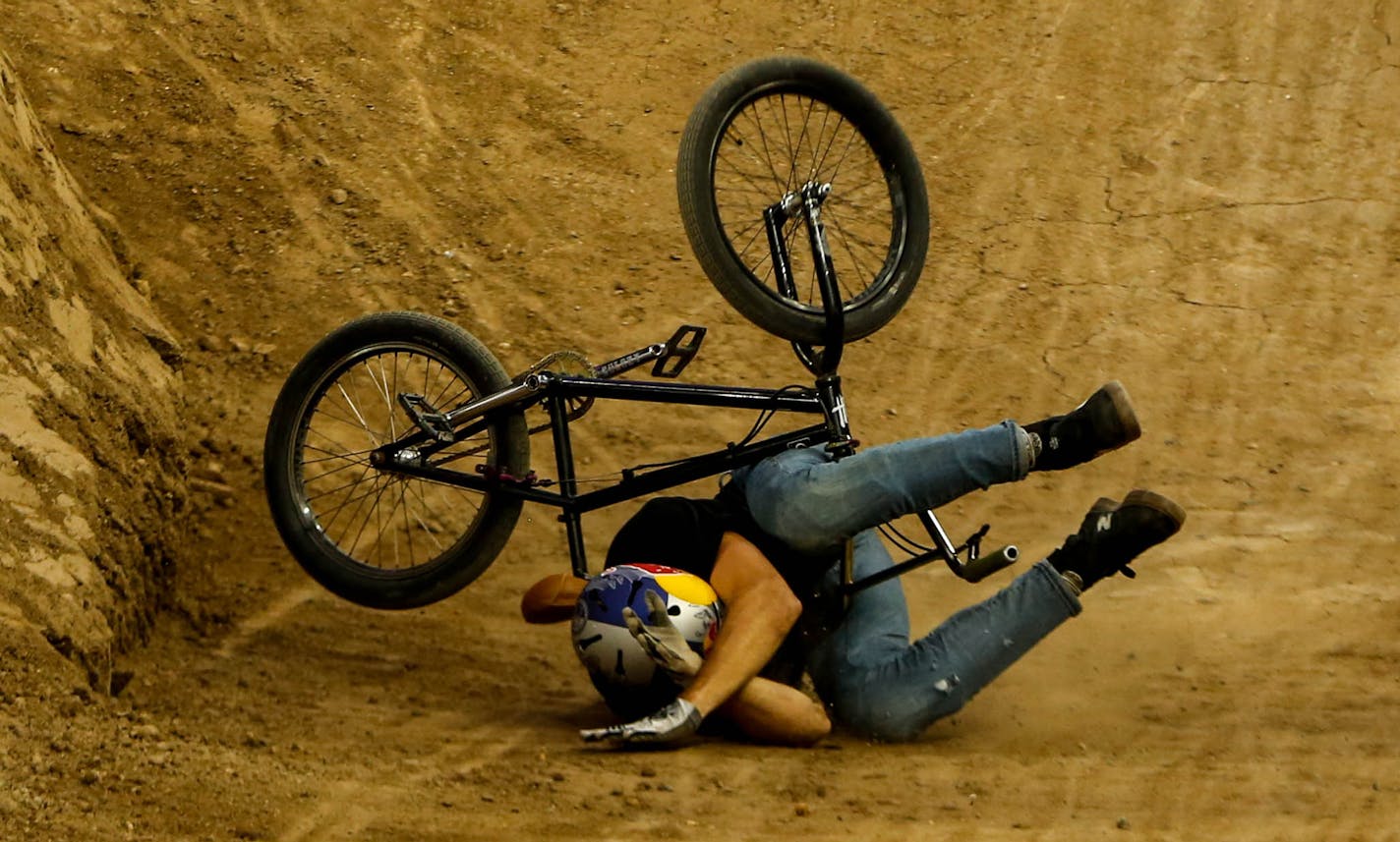 Dawid Godziek crashes on the last ramp during the The Real Cost BMX Dirt competition at the X Games at U.S. Bank Stadium Saturday, August 3, 2019. ] NICOLE NERI &#x2022; nicole.neri@startribune.com