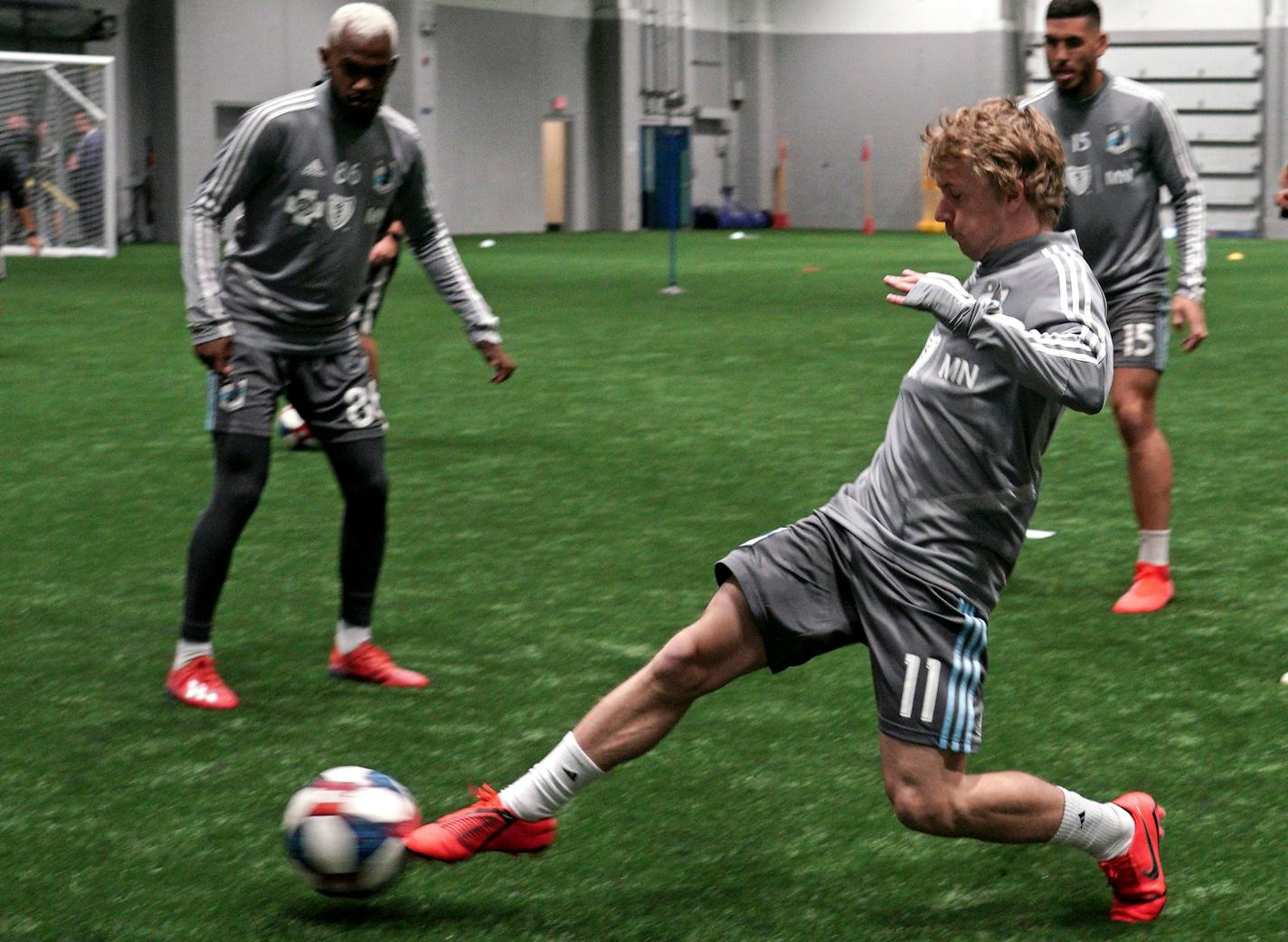 High-priced teenager Thomas Chacon (center) practices with Minnesota United for the first time. ] brian.peterson@startribune.com Blaine, MN Tuesday, August 20, 2019