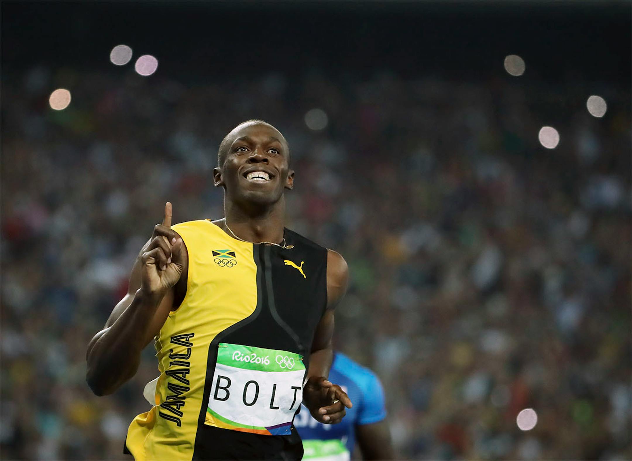 Men's 100 meter final. Jamaica's Usain Bolt, wins gold again beating USA's Justin Gatlin.