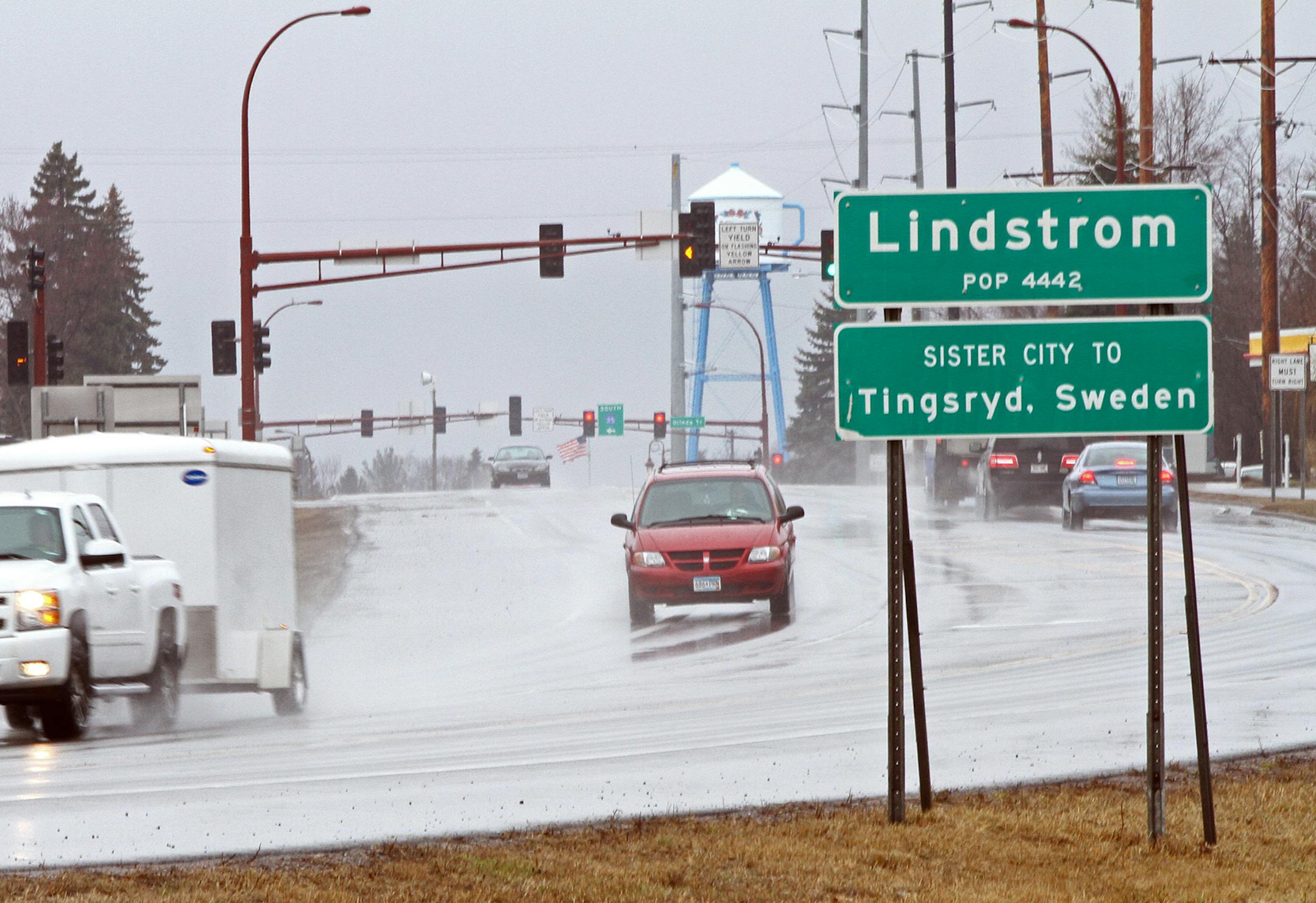 As drivers enter into Lindstrom, Minnesota city limits, they're greeted with a sign with the town's name and population. What they don't see is an umlaut over the 'o' in Lindstrom, which is visible on the town's two water towers. When printing signs, MnDOT can only use alphabetical characters, which does not include the umlaut. On the previous sign, a Lindstrom city engineer took it upon himself to cut out reflective material and adhere the umlaut to the sign. ] SHARI L. GROSS sgross@startribune
