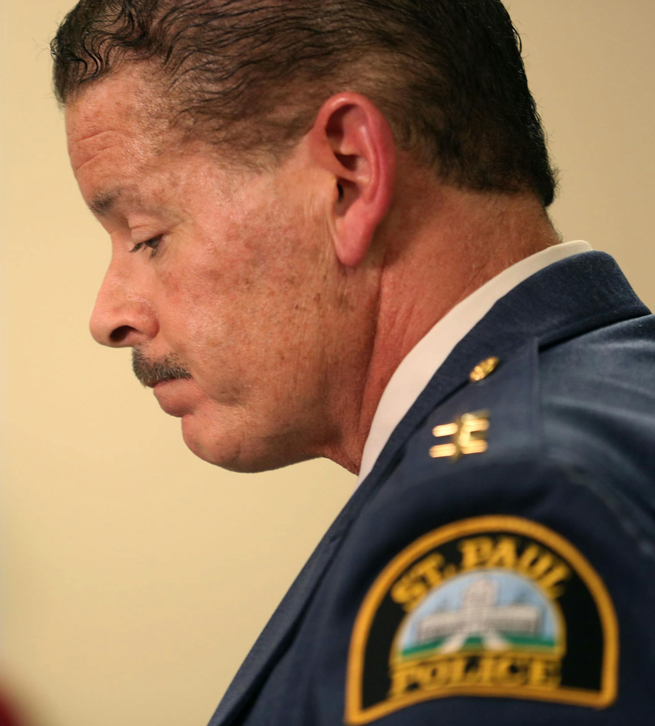 St Paul Police Chief Tom Smith talked about how they are early into the investigation of Archbishop Nienstedt after receiving a report from a mandated reporter during a press conference at police headquarters in St. Paul Tuesday, December 17, 2013. ] (KYNDELL HARKNESS/STAR TRIBUNE) kyndell.harkness@startribune.com