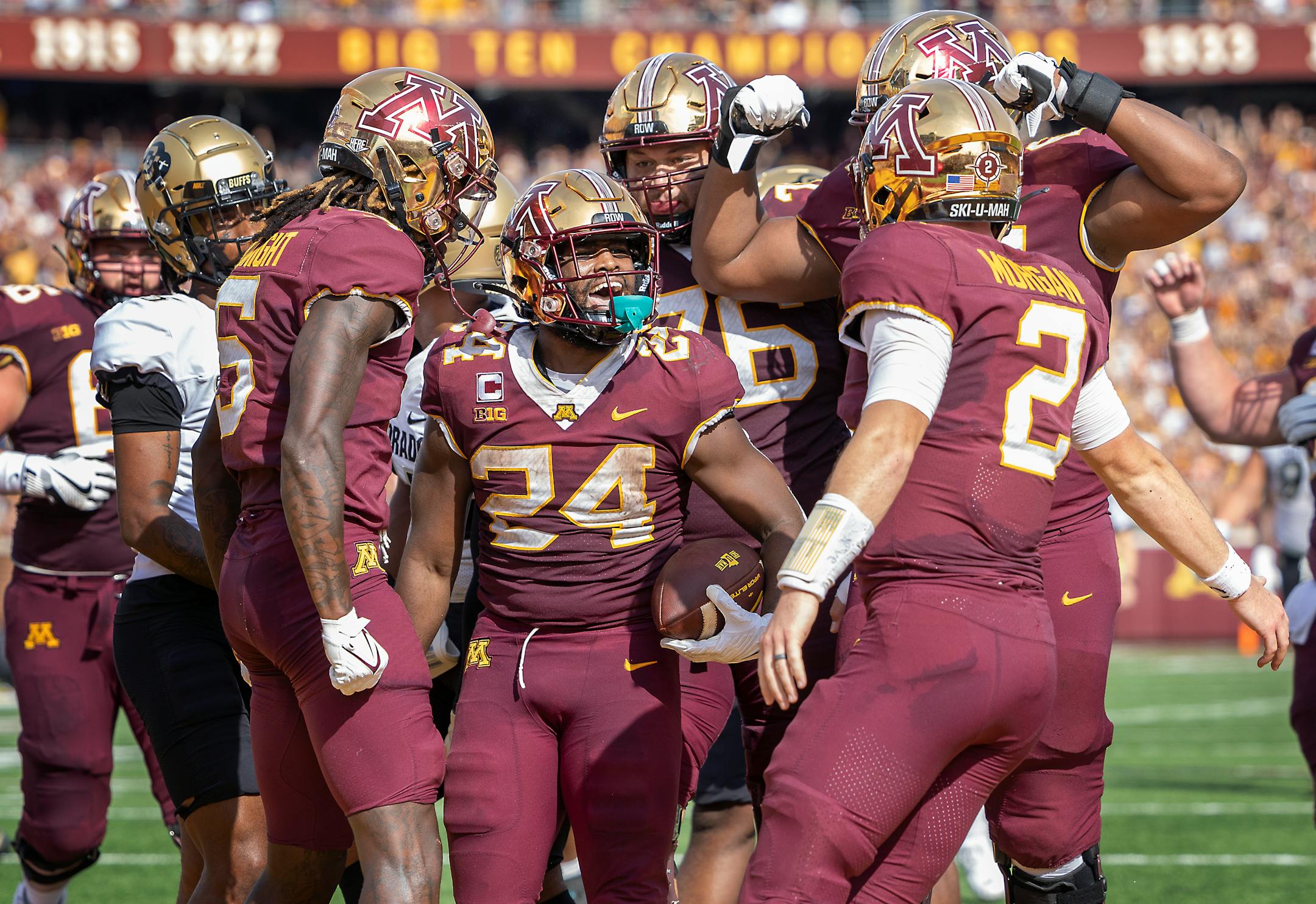 Minnesota's running back Mohamed Ibrahim celebrates a third touchdown run in the second quarter Colorado at Huntington Bank Stadium in Minneapolis, Minn., on Saturday, Sept. 17, 2022. ] Elizabeth Flores • liz.flores@startribune.com