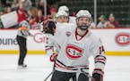 St. Cloud State Huskies forward Patrick Newell celebrates scoring the game's first goal against North Dakota on Friday.