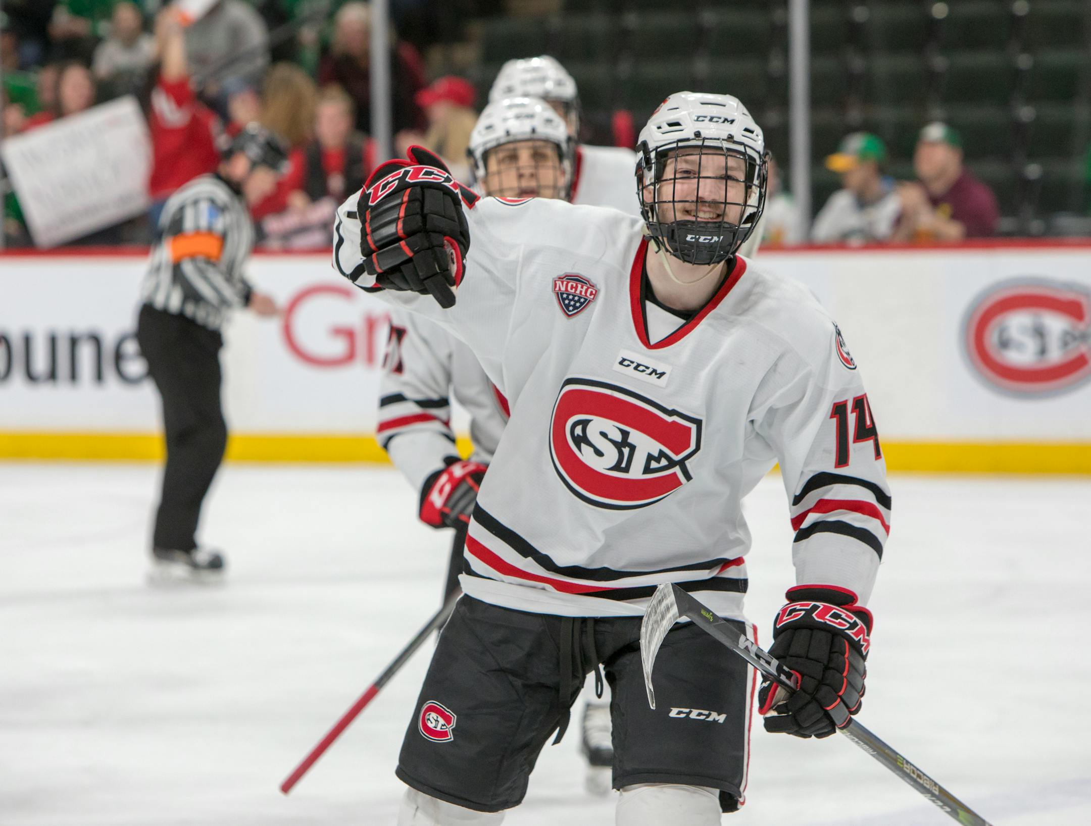 St. Cloud State Huskies forward Patrick Newell celebrates scoring the game's first goal against North Dakota on Friday.