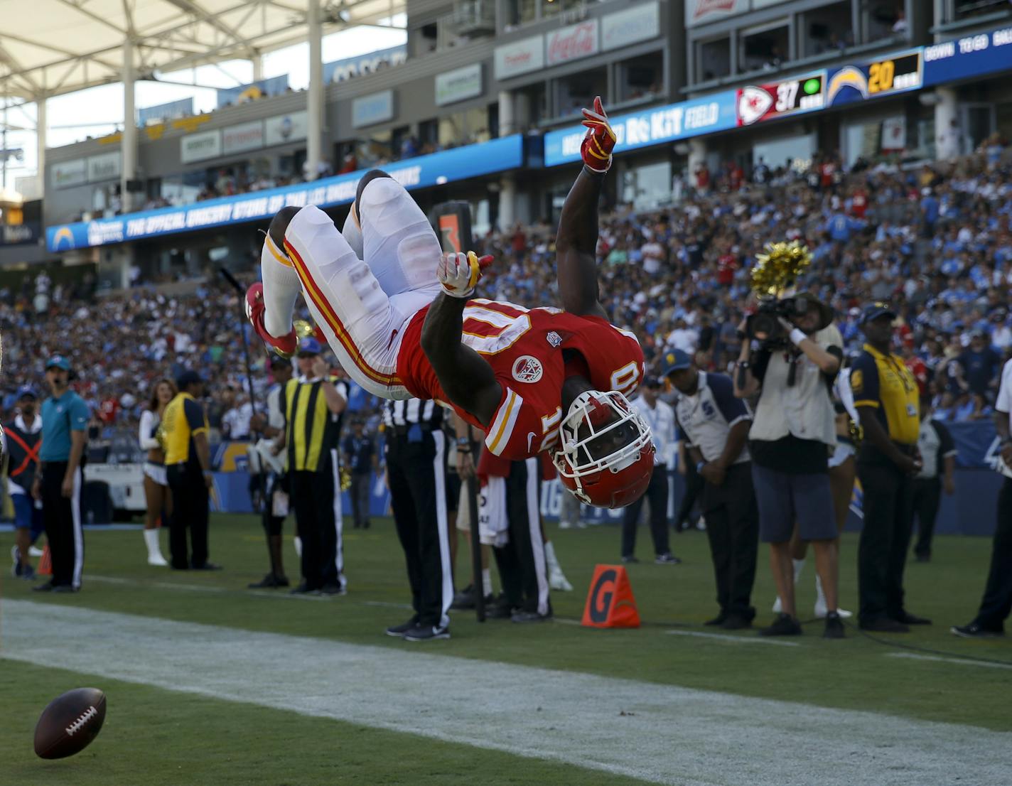 Kansas City Chiefs wide receiver Tyreek Hill celebrates after scoring during the second half of an NFL football game against the Los Angeles Chargers Sunday, Sept. 9, 2018, in Carson, Calif. (AP Photo/Jae C. Hong)