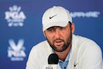 FILE - Scottie Scheffler speaks during a news conference  after the second round of the PGA Championship golf tournament at the Valhalla Golf Club, Fr