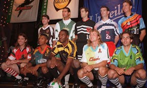 Unidentified league players model the new uniforms of Major League Soccer in New York on Tuesday, Oct. 17, 1995. The uniforms are, front row from left