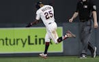 Minnesota Twins center fielder Byron Buxton (25) celebrated his bottom of the tenth inning home run to win the game 3/2.