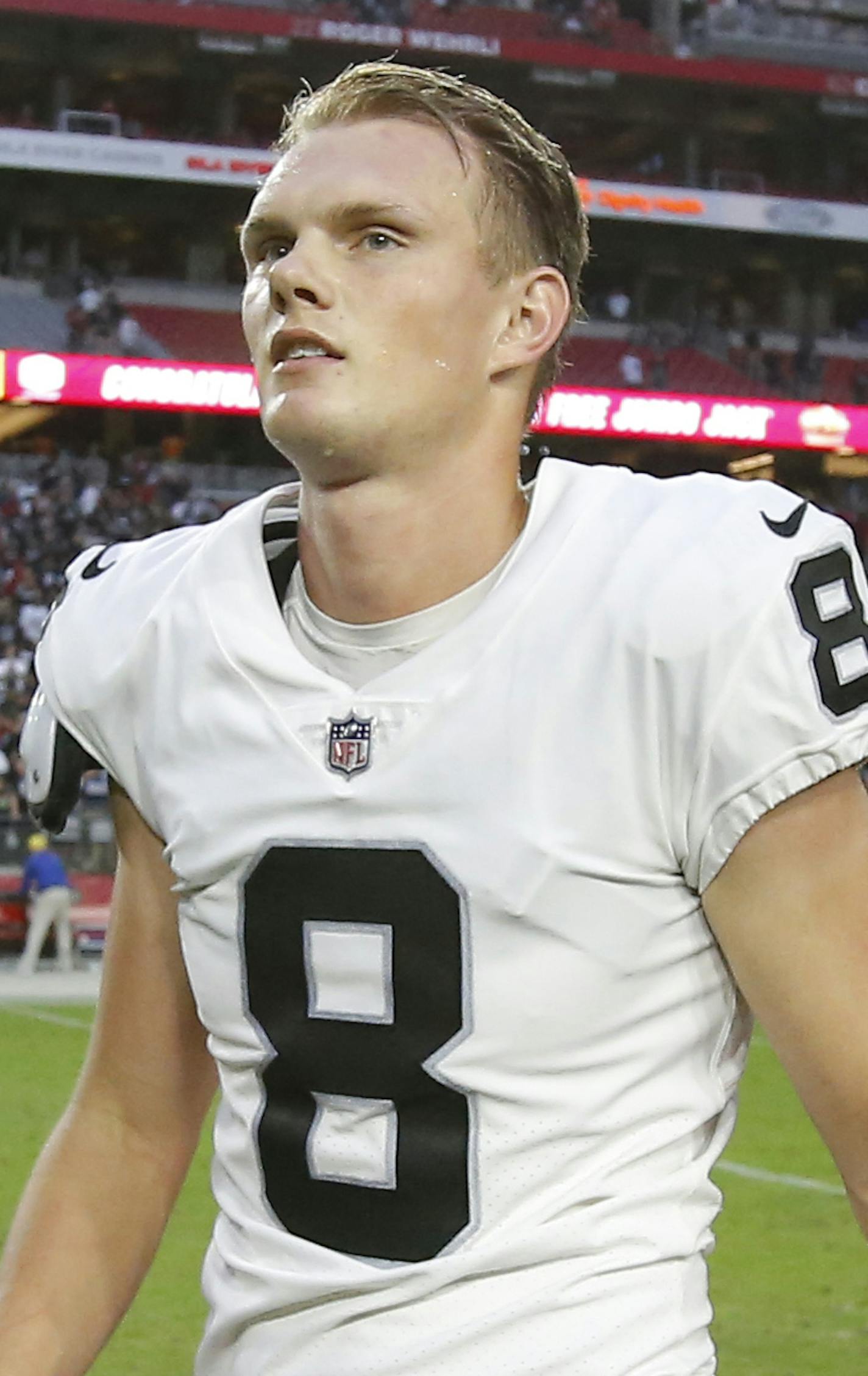 Oakland Raiders kicker Daniel Carlson (8) during an NFL football game against the Arizona Cardinals, Sunday, Nov. 18, 2018, in Glendale, Ariz. (AP Photo/Rick Scuteri)