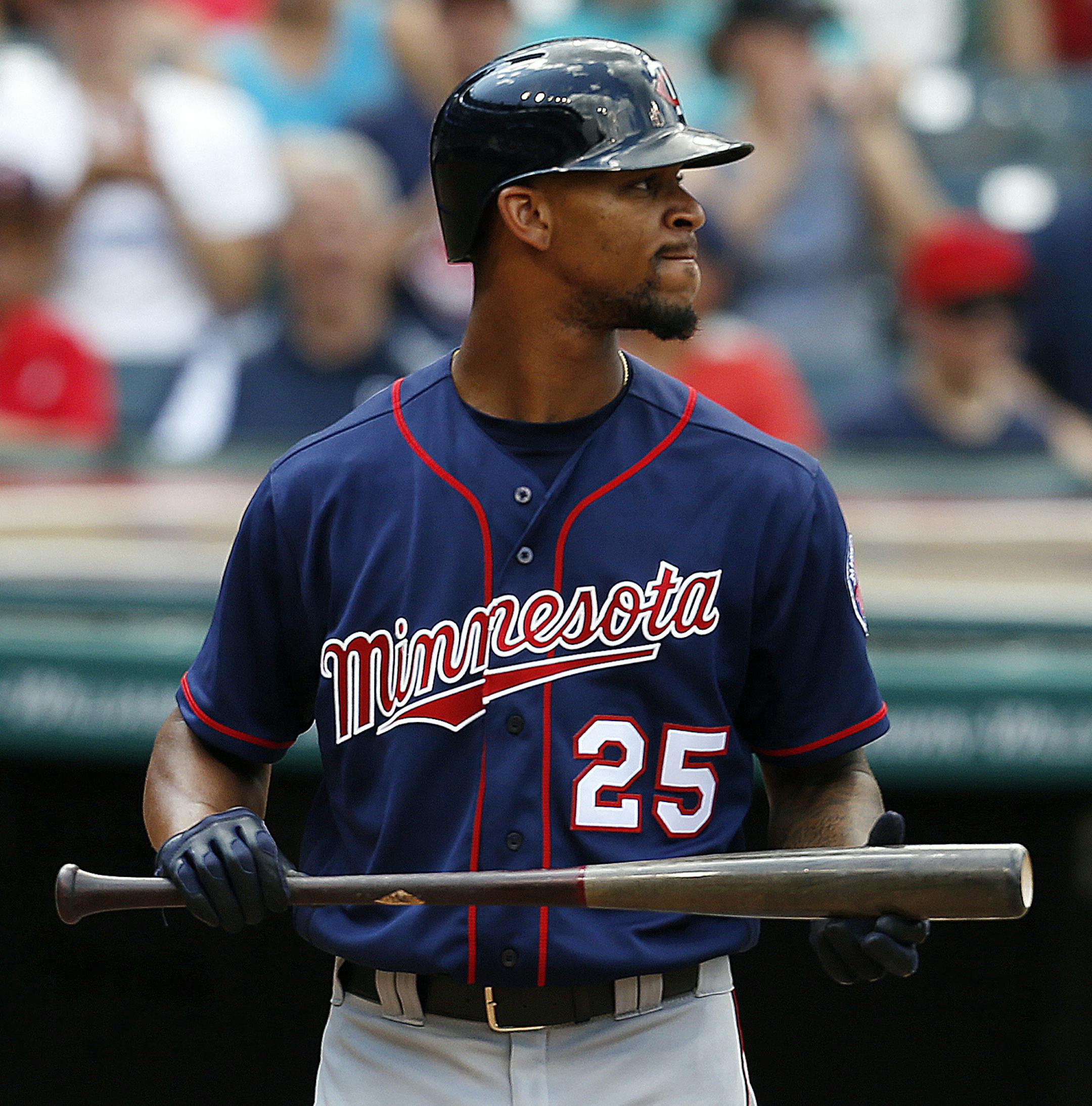 Minnesota Twins' Bryon Buxton walks back to the dugout after being struck out by Cleveland Indians relief pitcher Andrew Miller during the sixth inning of a baseball game Thursday, Aug. 4, 2016, in Cleveland. The Indians won 9-2. (AP Photo/Ron Schwane)