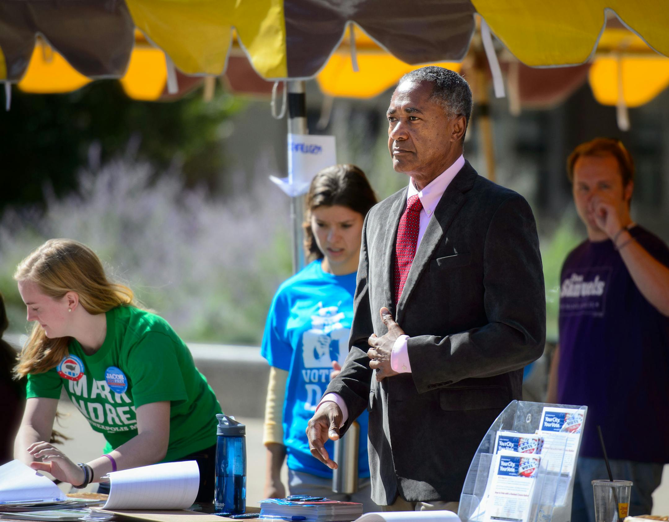 Minneapolis mayoral candidate Don Samuels spoke Tuesday, September 24, 2013 at Voterpalooza at the University of Minnesota, an event where students could register to vote and learn about the ranked-choice voting system Tuesday, Sept. 24 at Northrop Plaza ] GLEN STUBBE * gstubbe@startribune.com