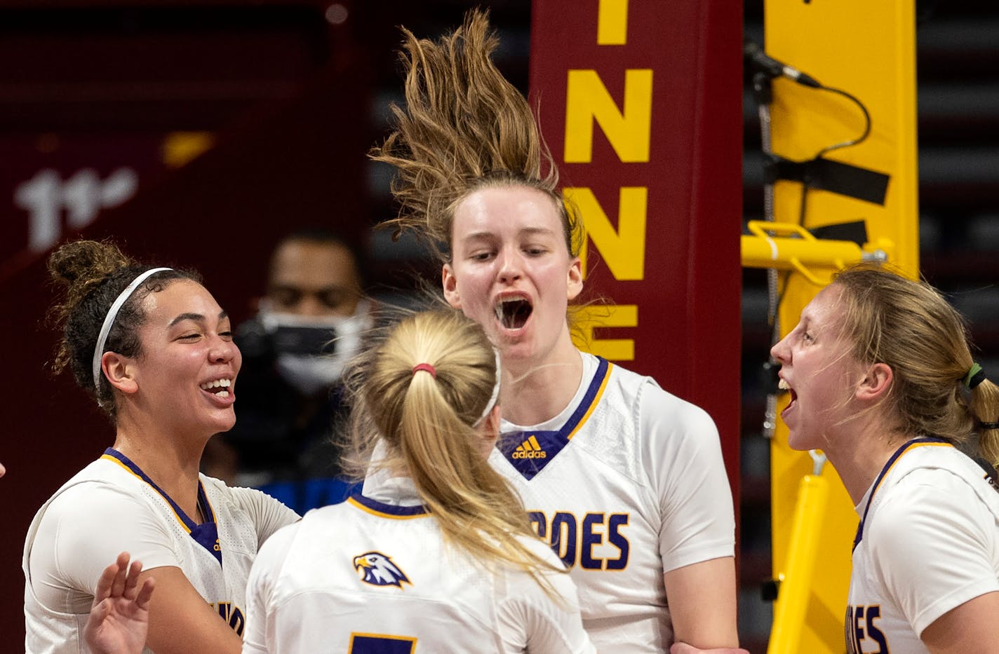 Ella Hopkins (31) of Rochester Lourdes reacts after taking a charge in the first half during the Class 2A quarterfinals, Wednesday, March 16, at Williams Arena in Minneapolis, Minn. ] CARLOS GONZALEZ • cgonzalez@startribune.com