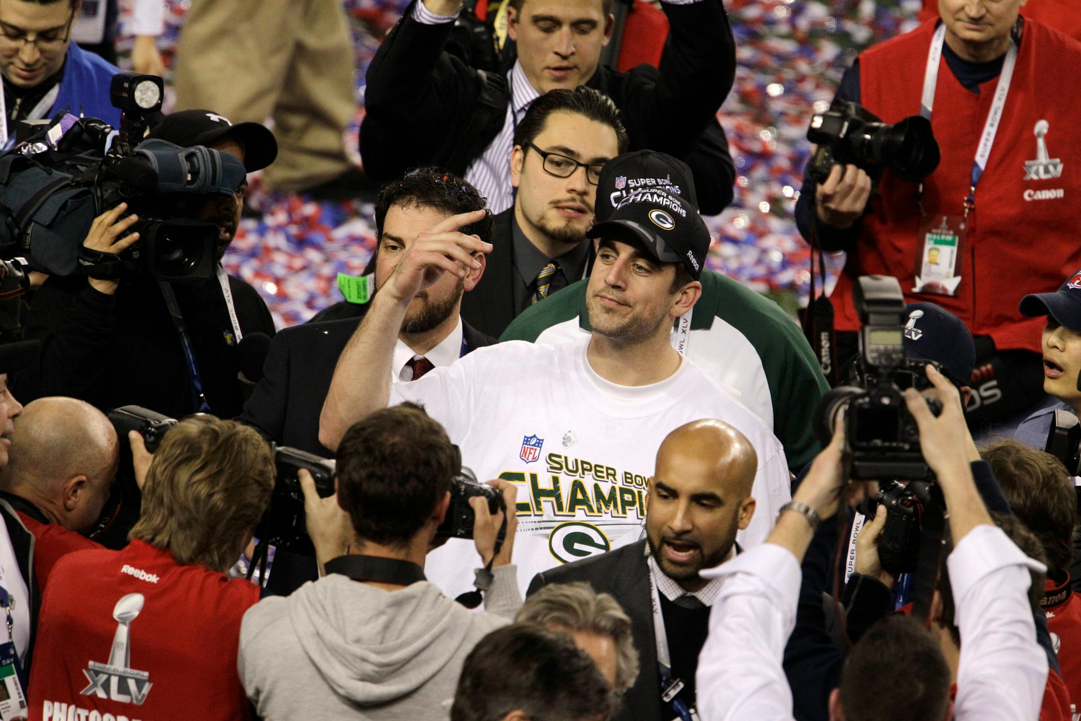 Green Bay Packers' Aaron Rodgers after the team won the NFL Super Bowl XLV football game Sunday, Feb. 6, 2011, in Arlington, Texas. (AP Photo/Lynne Sladky)
