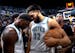 Anthony Edwards (5) and Karl Anthony Towns (32) of the Minnesota Timberwolves celebrate at the end of game of Game 7 against Denver.