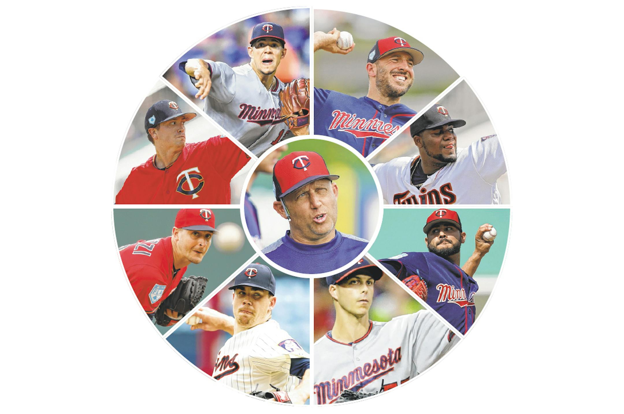 New Twins pitching coach Wes Johnson (center) will try to get better results from a mostly familiar group. Clockwise from top right: Blake Parker, Michael Pineda, Martin Perez, Taylor Rogers, Trevor May, Jake Odorizzi, Kyle Gibson and Jose Berrios.