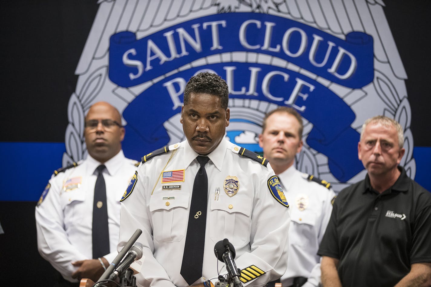 St. Cloud Chief of Police William Blair Anderson speaks during a press conference ] (Leila Navidi/Star Tribune) leila.navidi@startribune.com BACKGROUND INFORMATION: Press conference at the St. Cloud Police Station on Sunday, September 18, 2016. A man, suspected of being motivated by global terror, stabbed several people late Saturday before an off-duty police officer fatally shot the attacker at the Crossroads Center mall in St. Cloud. ORG XMIT: MIN1609181344130762