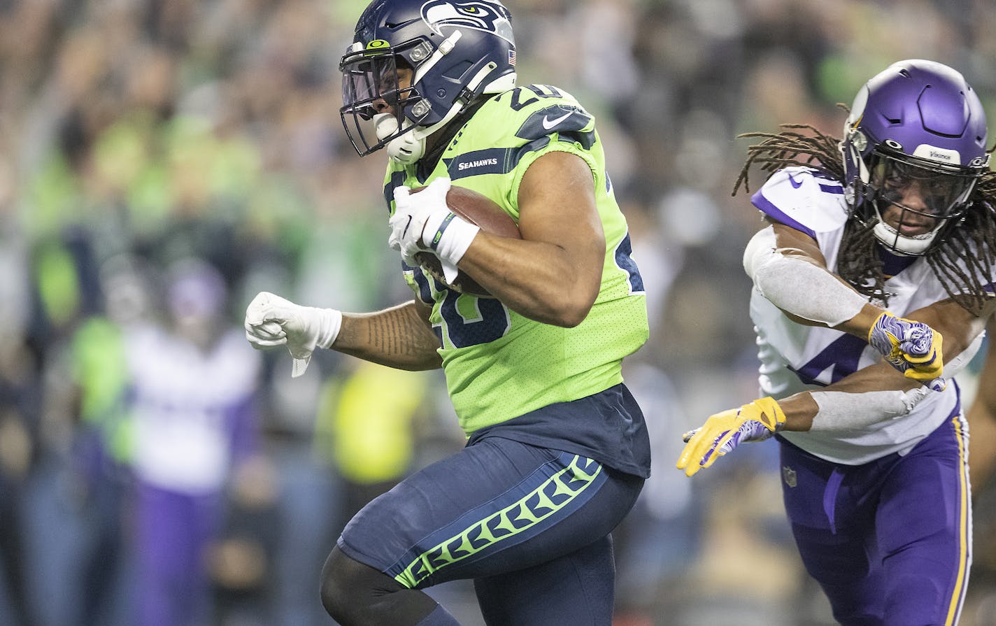 Seahawks running back Rashaad Penny plowed by Vikings defensive back Anthony Harris for a touchdown during the fourth quarter. ] ELIZABETH FLORES &#x2022; liz.flores@startribune.com The Minnesota Vikings take on the Seattle Seahawks at CenturyLink Field, Monday, December 2, 2019 in Seattle, WA.