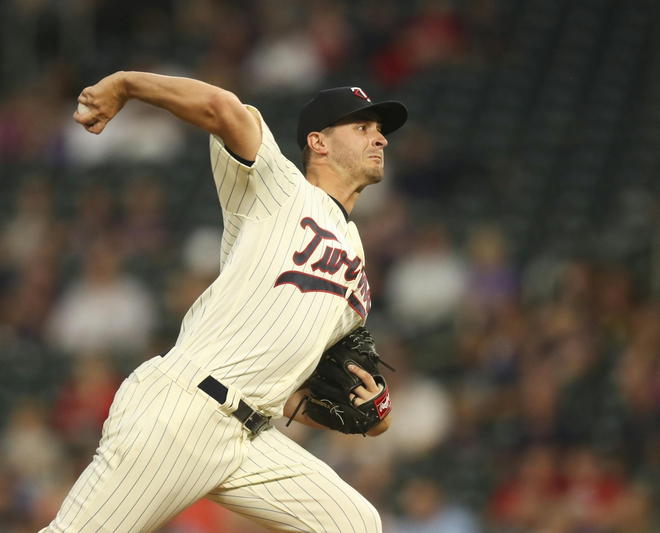 Minnesota Twins starting pitcher Jake Odorizzi throwing against New York in the second inning.