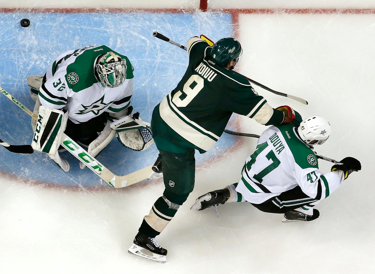 WIld captain Mikko Koivu (9) rose to a challenge by interim coach John Torchetti on Monday, including getting the puck past Stars goalie Kari Lehtonen in the third period.