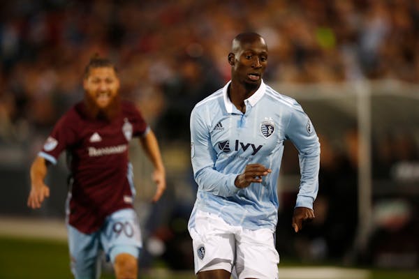 Sporting Kansas City defender Ike Opara (3) in the first half of an MLS soccer match Saturday, March 24, 2018, in Commerce City, Colo. (AP Photo/David