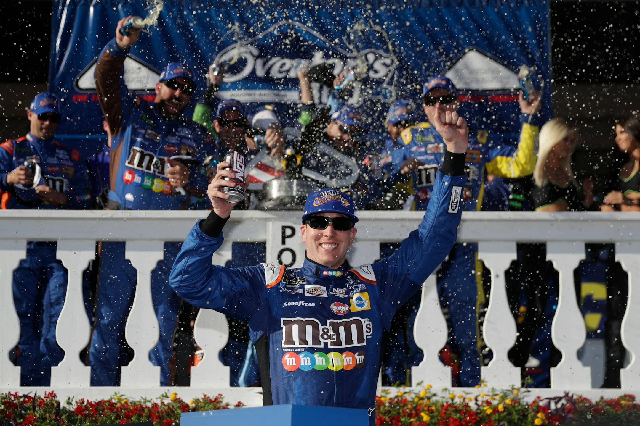 Kyle Busch celebrated after winning the NASCAR Cup Series race at Pocono Raceway on Sunday.