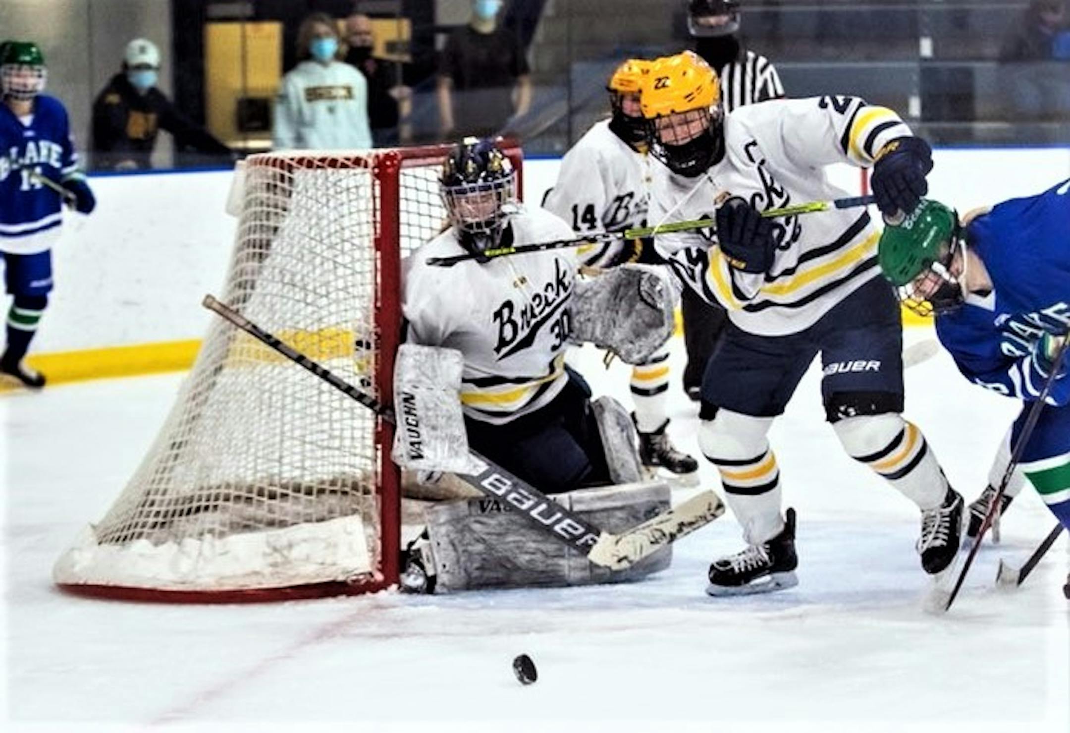 Breck goalie Sarah Peterson protects the post in Saturday's 2-1 victory over Blake. Peterson made 40 saves in the game.
